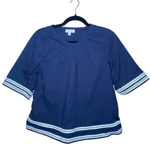 Chrissa - Navy Blue Blouse with Ivory Embroidery - Size M